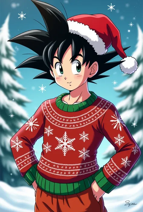 Goku with Christmas clothes and a Christmas hat