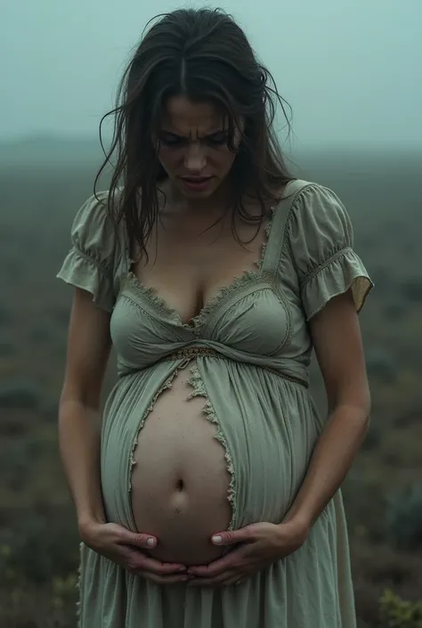 Woman in a torn pregnant dress crying and torn