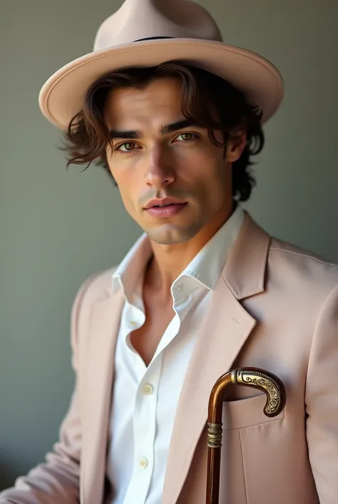 Create the image of a man with brown hair, light brown eyes, almost golden, white dress shirt, jacket, not pants and blazer and a pink hat in a light shade and a cane and you have to look young and have a seductive look.. The image has to be as realistic a...