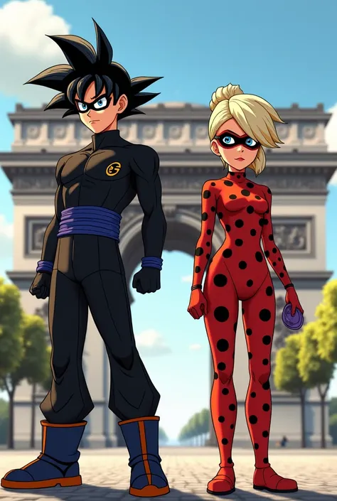  Create an image of San Goku with the outfit of Chatnoir from Miraculous who walks in the company of Bulma with the outfit of Ladybug from Miraculous ( keeping the head of Bulma ),  In front of the Arc de Triomphe  ,  and with Ticky who has the head of Kri...