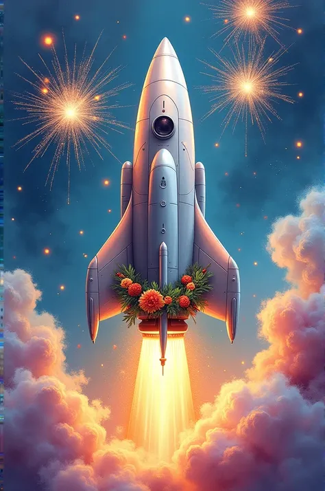 New Years card in watercolor style, depicting a union rocket with a garland and fireworks