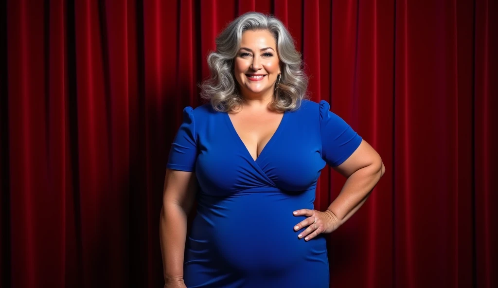  A 50-year-old woman with a bulky and attractive BBW , highlighting large breasts and wide hips .  She wears a royal blue fitted fabric dress ,  style body with a V-neck and a slit that discreetly displays her legs .  Her gray hair in voluminous waves fram...