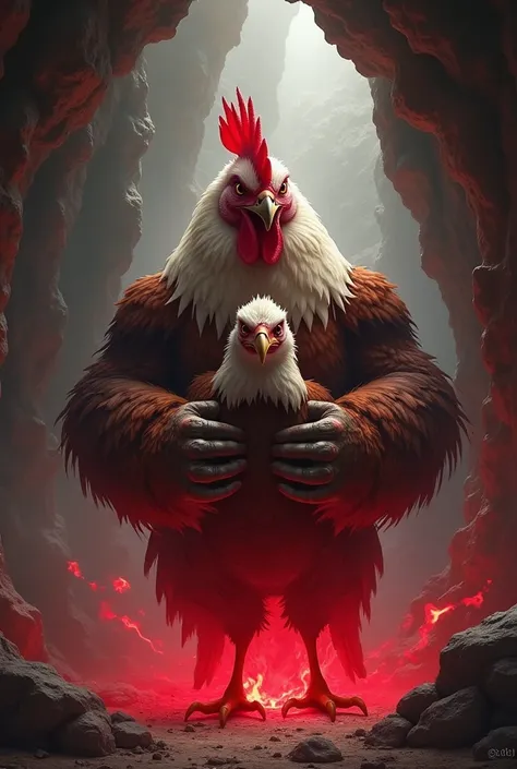 A chicken has burly hands and has a red aura that is strangling an eagle tightly in a cave