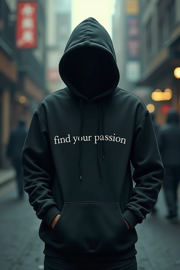 Man in the street wearing hoodie with no face and text Find Your Pasion