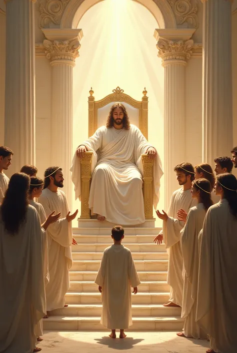  The Lord Jesus Christ dressed in white on a throne, a crown entering a young man dressed in white in a room like a castle inside with luxurious white walls, in front of many angels 