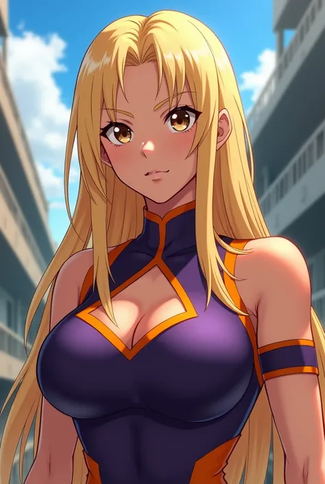 Art style: my hero academia anime
Gender: Female.
Skin Tone: Light caramel-brown skin tone with warm undertones.
Hair: Long straight blonde.
Eye Color: Hazel.
Height: 170 cm.
Clothes: A sleeveless, high-neck, dark purple top with an orange collar and a che...