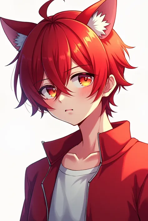 Draw anime half body male character hair red with white eye color red mixed with yellow with yellow with cat ears with red jacket with white shirt underneath white background 