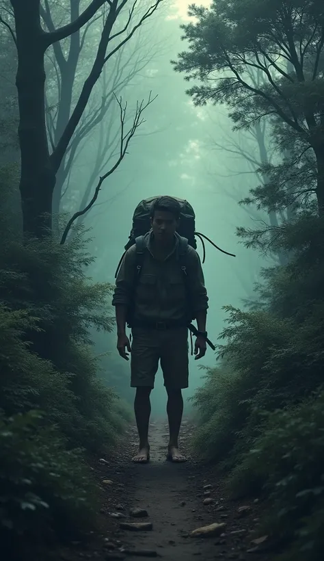 hiker with big backpack standing in front of tall bushes. His eyes looks empty and he is lost with no shoes on. Make him looks miserable. Dont make him stand on path