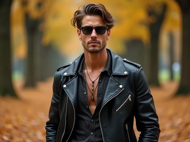  autumn park　Lots of fallen leaves on the ground 　　Black leather jacket　50 years old　 macho　 facing forward 　Italian　 stand leaning against a tree　Put it up more and look at the camera　Muscular　 chest hair　Show me a little bit of skin　 Necklaces 　Short Hai...