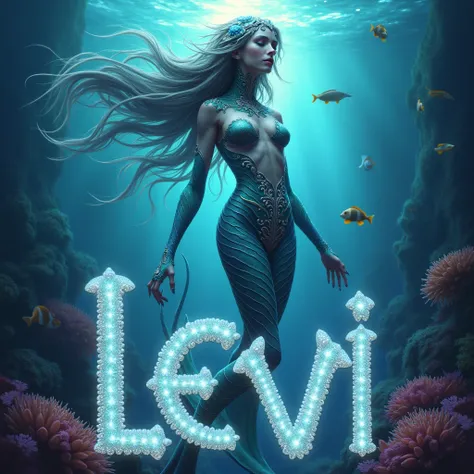 A beautiful and sexy liaviathan lady. "LEVI" is written in the foreground made of pearls letters

Colorful under the sea