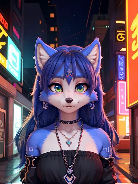  ((krystal)), Star Fox-Krystal, lovable, green eyes, ((( long blue hair 1 .3))), Decollete, anthro, Fuzzy,  detailed Fluffys fell,  detailed face , (Fluffy),  1 girl, ,woman, Goth, green eyes, undercut, ultra-realistic 8k cg ,  masterpiece, (( ultra-detail...