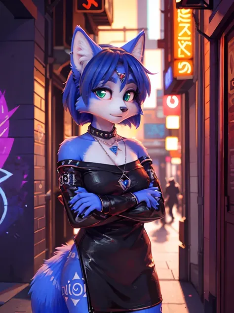  ((krystal)), Star Fox-Krystal, lovable, green eyes, ((( long blue hair 1 .3))), Decollete, anthro, Fuzzy,  detailed Fluffys fell,  detailed face , (Fluffy),  1 girl, ,woman, Goth, green eyes, undercut, ultra-realistic 8k cg ,  masterpiece, (( ultra-detail...