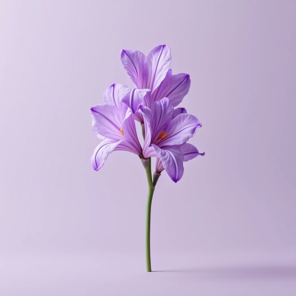 A single lilac Freesia flower in full bloom, captured in a minimalistic setting. The background is plain and soft, emphasizing the delicate texture and vibrant lilac color of the petals. The image focuses solely on the flower, highlighting its natural eleg...