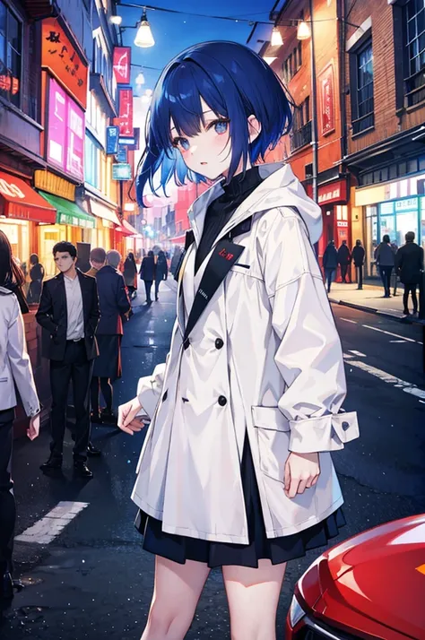 "An anime-style girl with short blue hair wearing a white long coat, a red long skirt, and black knee-high socks. The background is a street decorated with colorful illuminations, creating a festive and magical atmosphere."