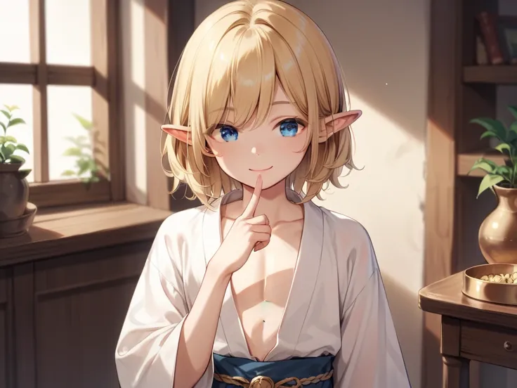 NSFW、Prince of the Elves 、 with pointed ears、Androgynous boy、Shota、Medium Hair、Blonde、 blue eyes、expression（Provocative smile）、 blue eyes、Holding up a finger、Image from chest up、Im wearing a white robe with gold embroidery