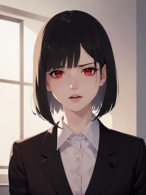 Masterpiece, top quality,Realistic,real person, (pale skin: 1.2), RAW photo, photorealistic, shiny skin, shiny hair, (33-year-old woman) and (bob cut) and (hair between eyes) and (black hair) and (red eyes), (Black blazer: 1.5) and (white collared shirt), ...