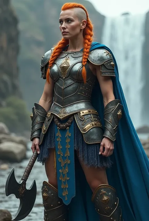 Nordic woman . tall 1.96m very muscular.  orange hair shaved on one side and braided on the other.  full plate armor without helmet .  double-pened axe in her hand and a blue cape over her shoulders .