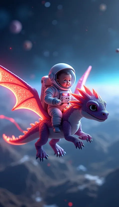 3. Baby Astronaut on a Space Dragon
A baby in a mini astronaut suit riding a futuristic dragon with neon wings, soaring through the stars and planets in outer space.
