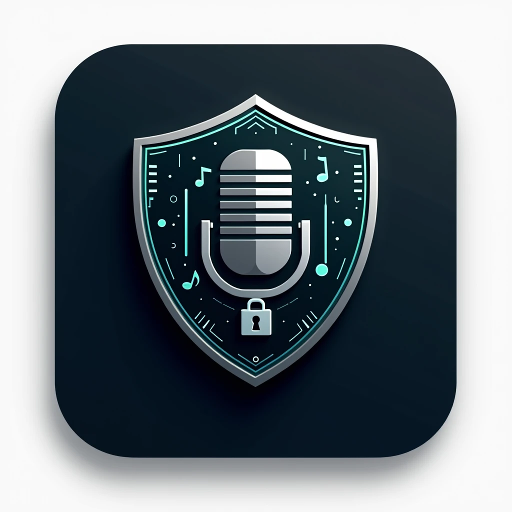  A rectangular or circular shield with a microphone or musical notes in one half and a padlock or circuit lines in the other,  representing the combination of music and cybersecurity .  The design must be simple and clean ,  using dark colors such as black...