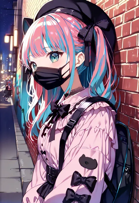 (hatsune miku, 1girl, solo:1.4), (gleaming skin, shiny skin:1.4), (black cat ears cap:1.2), (black mouth mask:1.4), (black oversized hoodie:1.2), (jirai kei, pink shirt, long sleeves:1.4), (black choker:1.0), (pink hair ribbon:1.4), (black backpack:1.4), (...