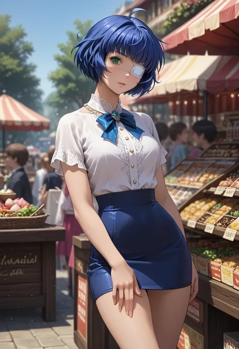 score_9, score_8_up, score_7_up, 1girl, solo, beautiful waifu, (ryomou shimei, ahoge, short hair, blue hair, medical eyepatch, green eye:1.2), detailed eye, detailed face, flirt, looking at viewer, (short skirt, tight blouse, blouse tucked in:1.1), elegant...