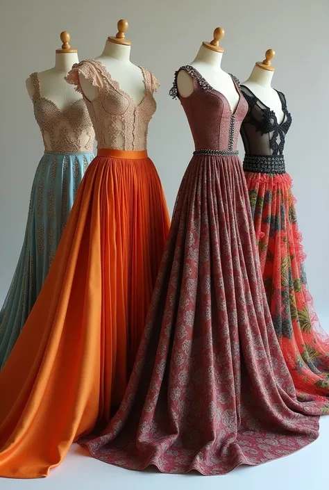 “Design a collection of the most beautiful skirts in the world, showcasing a variety of styles including a flowing flared skirt, a sleek pencil skirt, a vibrant pleated skirt, and a layered bohemian maxi skirt. Each skirt should feature luxurious fabrics l...