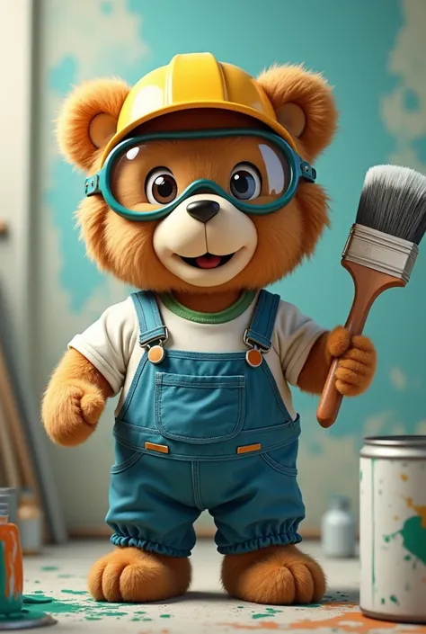  I want a teddy bear , His name is Kauan ,  hes a wall painter hes dressed in blue white and green clothes,  hes wearing personal protective equipment  