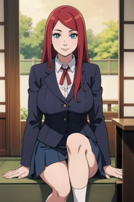 Kushina, long hair, red hair, blue eyes, mature female, large breasts, japan school uniform, mini skirt, white socks, smile