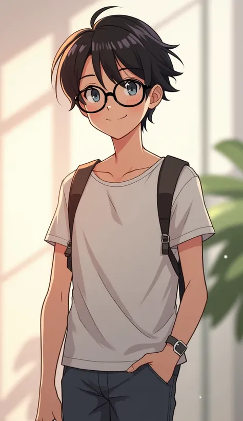 create an anime with delicate, youthful features, soft facial contours and endearing smile. His slender physique and petite frame, standing at 510". Make him an adult already like in college. make him have a nerdy look by adding glasses.