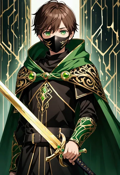  A boy with brown hair and green eyes has a black mask in front of his mouth and wears a dark green glitch cape and has two swords in his hands; A black sword in one hand and a golden sword in the other 