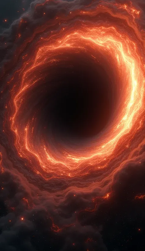 A dramatic close-up of a black hole with its event horizon glowing orange and red. Add a sense of gravity with swirling light and darkness bending around it.