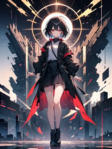 masterpiece, highest quality, highest quality, (no text), Beautiful and aesthetic:1.2),no text,anime、break,anime、break、 one girl、 Dark Haired Girl Short Hair 　 Slit Eyes Boyish 　adult　 beautiful eyes　red eyes, cool smile　 skirt　　 Black Coat　Full Body Outdo...