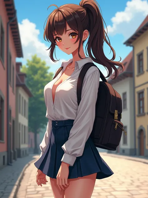  manga girl long hair ponytail sexy butt ,  sexy chest knee-length skirt wrinkles slightly thicker brown eyes, Shirt, open,  chest visible sneakers , School backpack , regensburg