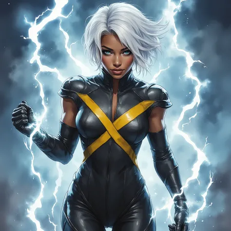 storm (  Marvel character  ), Afro ,  black-skinned woman with very short white brushed hair, bright white eyes ,  wears a black leather jumpsuit with a big yellow X,  seductive and open in front .  She is surrounded by fog and stormy lightning that spring...