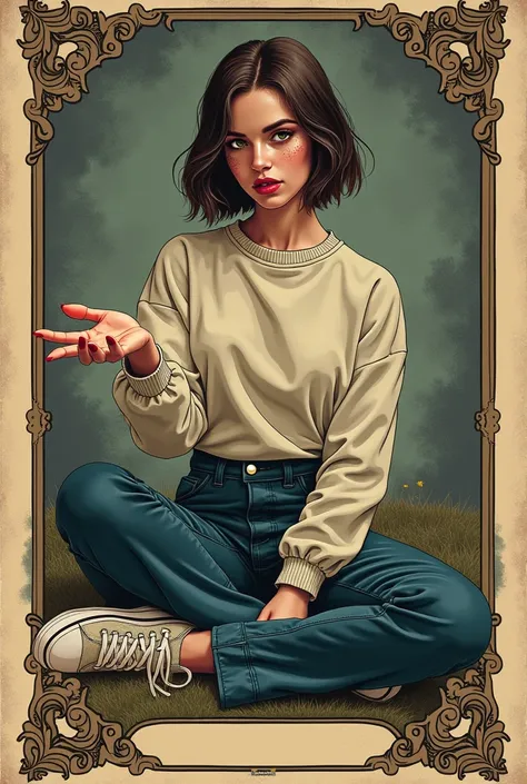 masterpiece,  Tarot Aesthetics ,  vintage line-art  vintage aesthetics,  Seductive Teenage Divas ,  Oversized Sweatshirt , High Waist Dark Wash Flare Jeans,  Sneakers,, In Danger ,  Melancholy Poses ,  vintage,  Sexy and Curious ,  vintage line-art aesthet...