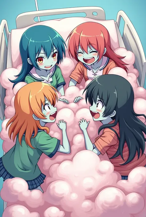 An anime-style comic depicting many zombie-girls playfully wrestling with each other inside a hospital bed comical fight cloud.
each zombie-girl has different  colored hair.
their faces,hands,and feet are visible emerging from the cloud as they tussle humo...