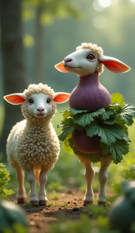 "Create 32k ultra-realistic image showing two distinct entities, a sheep and a mutated fig-cabbage fusion. The sheep stands peacefully, its soft wool and graceful form illuminated by natural light that highlights the gentle curves of its body. Its innocent...