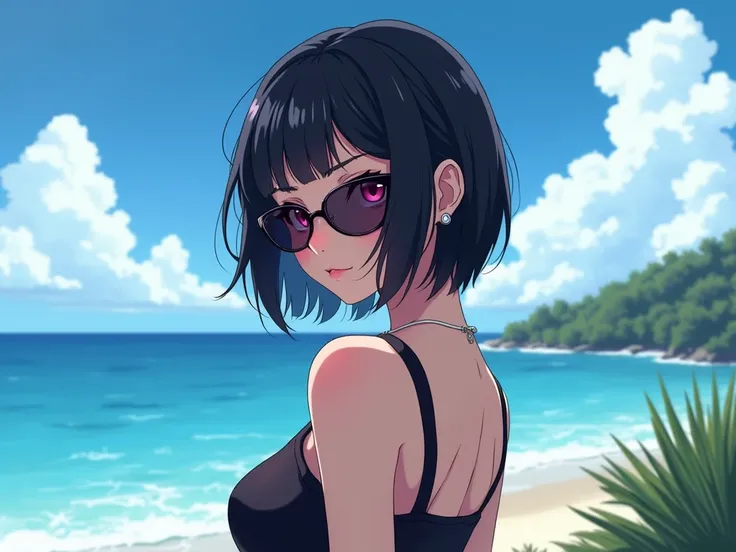  anime style,  one girl、 gal、 black hair、 pink eyes, sea、 sunglasses、 is cool、 looks back , 