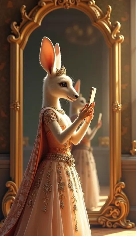 A anthropomorphic kangaroo dressed as a princess taking a selfie on the mirror. Blonde hair. Fancy royal mirror.  Daytime.