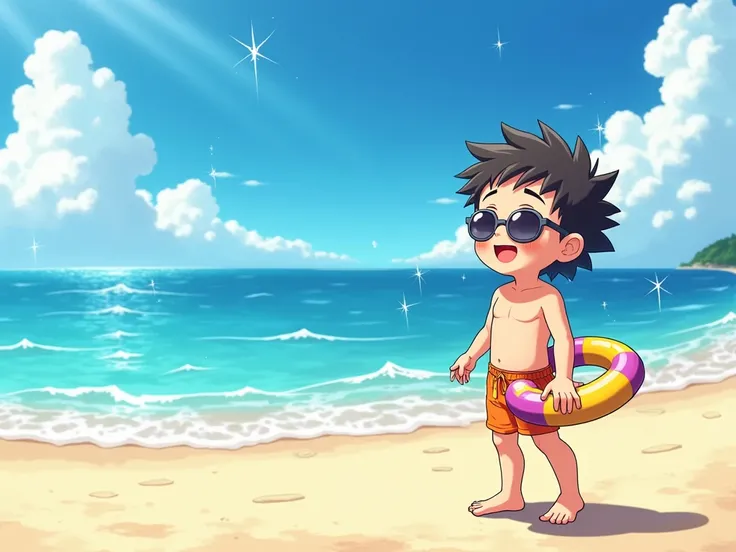  anime style,  one boy、 beach 、Swim ring、 sunglasses、✨️