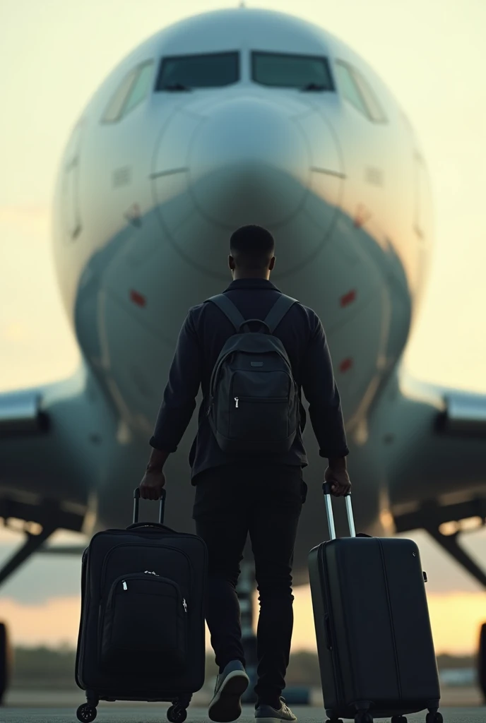 Photo dun homme noir par derrière, tenant une valise avec un sac au dos, regardant  lavion devant lui 