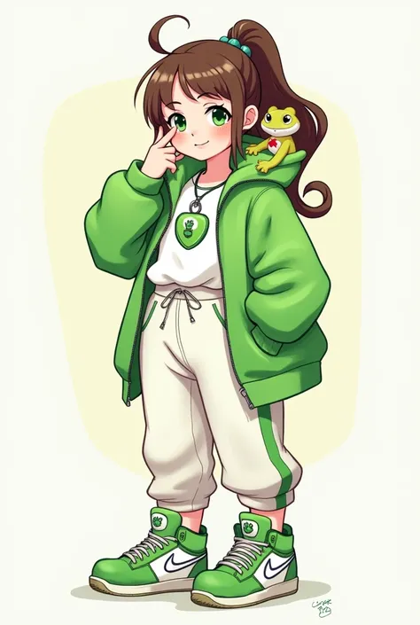  The picture is an illustration of a female cartoon character wearing green and white clothes, with accompanying elements such as a sports shoe, a pendant, and a charm from Care Bears.   The character has a modern design, with fine details in clothes and a...