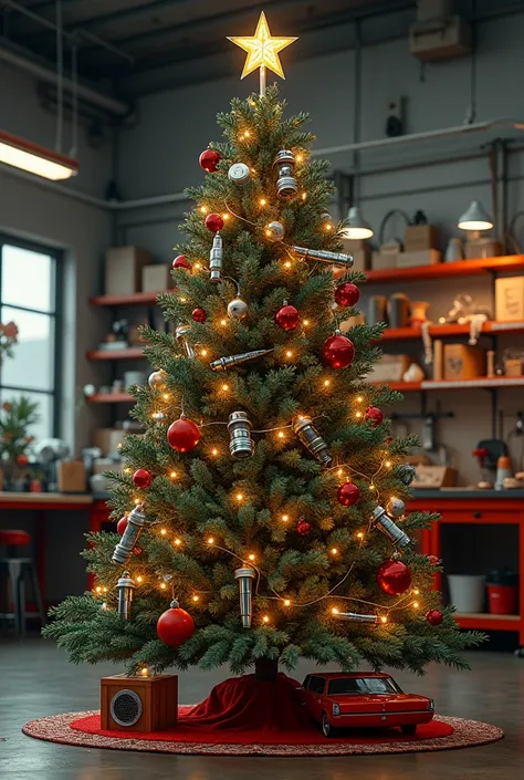 CHRISTMAS TREE DECORATED WITH LIGHTS, GUČANIN LOGO, SPARE PARTS, OIL FILTERS AND TOOLS