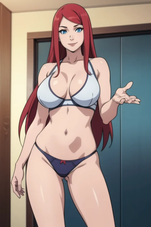 Kushina, long hair, red hair, blue eyes, mature female, large breasts, underwear, highleg panties, smile