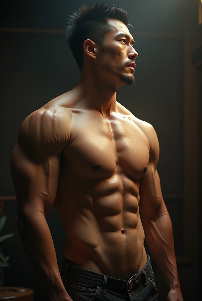 Naked muscular Japanese man, very detailed face, very detailed eyes, very detailed lips, very detailed skin, very detailed muscles, very detailed abs, 30cm big cock, photorealistic stick, 8k, highest quality, masterpiece, movie lighting, dramatic lighting,...