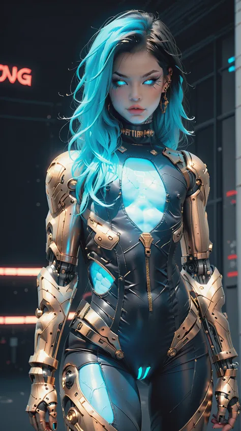 (nsfw:1), (Uncensored:1), score_9, score_8_up, score_7_up, (Three quarters Shot), (1 girl), (asian), beautiful teenage (skinny) muscular goth cyborg girl, (full Cybernetic bodysuit:1.5), (black sclera:1.5), (blue glowing eyes:1.5), (blue glowing body veins...