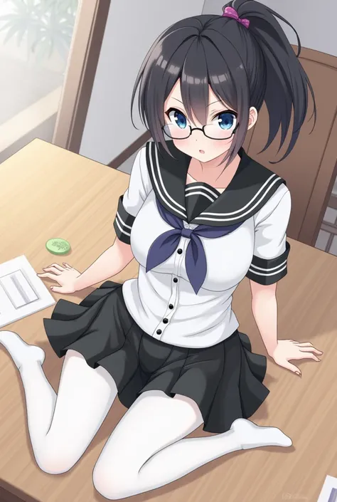  high definition,  A-Line Skirt,  masterpieces ,  high definitionสุด,  1 girl, Black haired gals ,  Ponytail,  Big Bust, ribbon, Rimless glasses,  blue eyes ,  wearing a school uniform, Non-buttoned,  Black miniskirt ,  pantyhose, Sit with your legs spread...