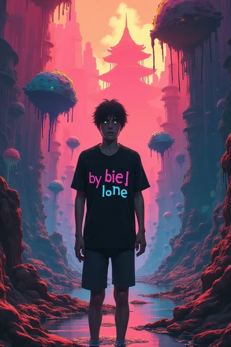 Baixa in an ugly colorful world with a shirt written by Biel Lone 