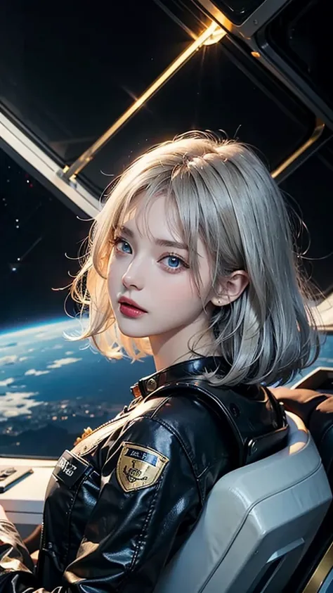 woman ,Golden white hair, blue eyes,,,Black space suit