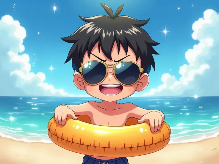  anime style,  one boy、 smirking 、 beach 、Swim ring、 sunglasses、✨️